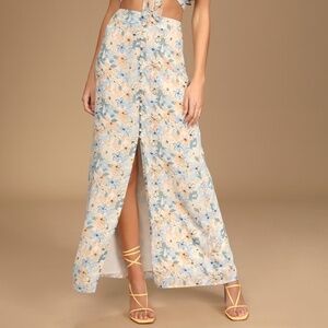 Lulus Bloom Baby Bloom Cream Multi Floral Print Button-up Maxi Skirt Blue